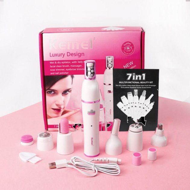 Kemei KM-2189 – جهاز نسائي شامل لإزالة الشعر، التقشير، والتدليك بـ7 ملحقات كاملة